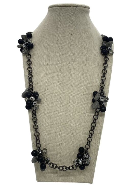 Fashion Jewelry - St. Emerald 36" Necklace Black Chain Faceted Black Silver Cluster Beads Fashion